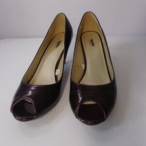Mossimo Women’s Shiny Brown Mid Heel Peep-Toe Pumps Heels Shoes‎ Size 8